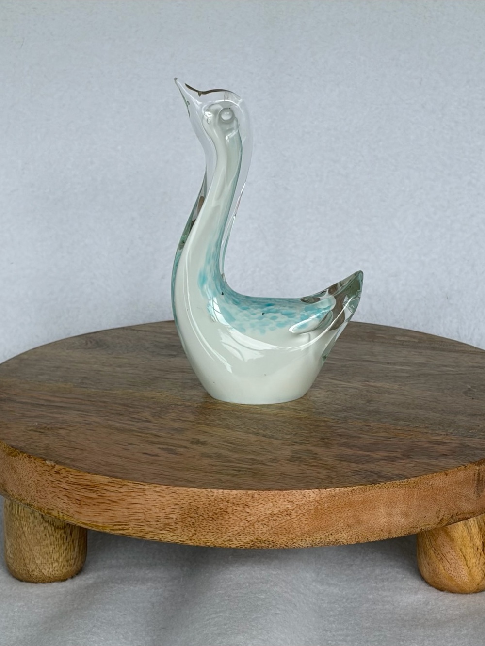 Vintage Hand Blown Art Glass Swan Aqua Blue White MCM Figurine